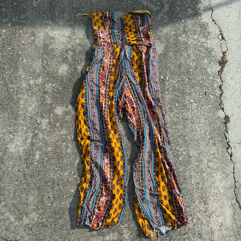 Collective Concepts Yellow and Blue Patterned Jumpsuit